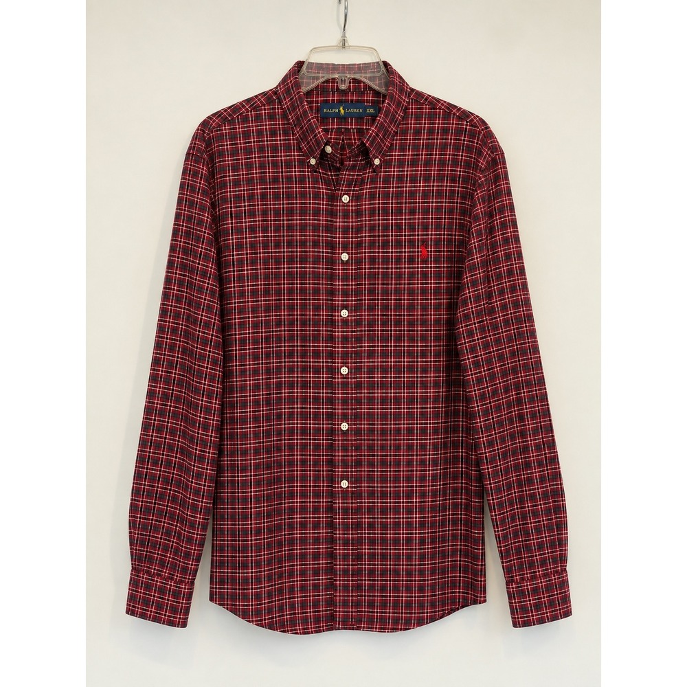 Ralph Lauren Mens XXL Red Black Plaid Button Down Long Sleeve Shirt Pony Classic